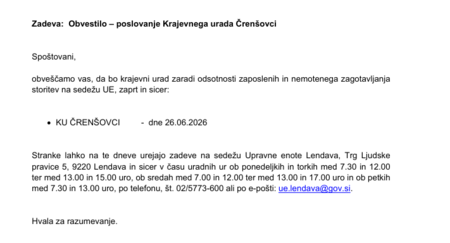 Obvestilo krajevnega urada Črenšovci